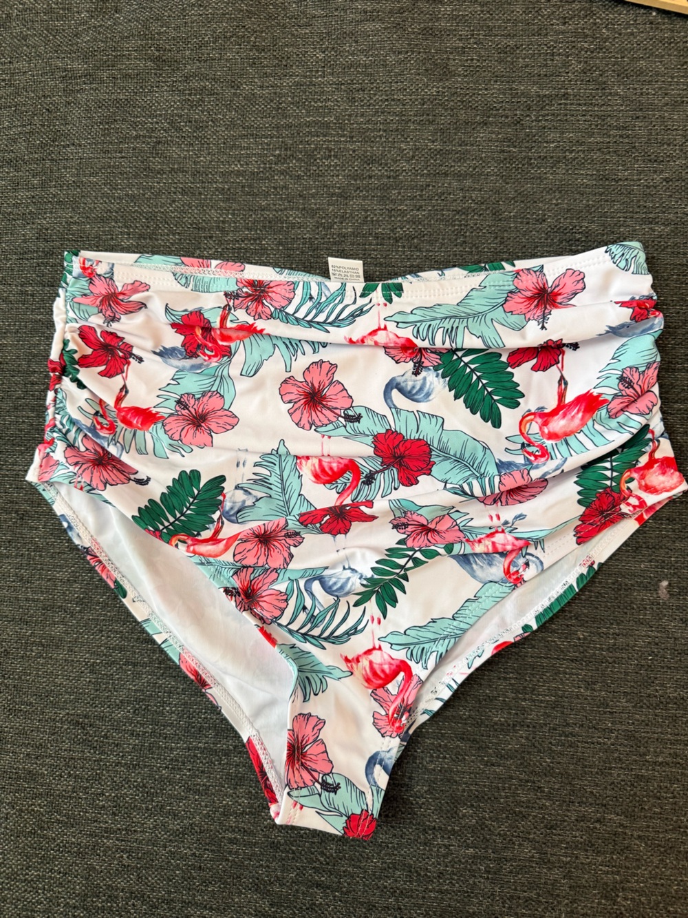 Women’s size Large High-Waist Tropical Floral Bikini Bottoms White Pink & Green